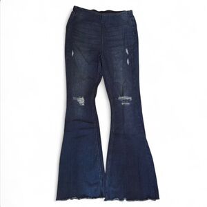 Distressed stretch waistband denim flare pants MEDIUM
